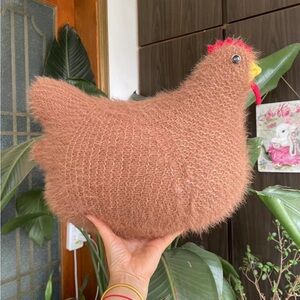 Handmade Fuzzy Chicken Plush in Rust Brown with Yellow Accents